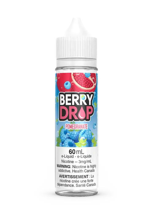 Berry Drop Pomegranate 60mL e-liquid bottle with a white cap, featuring blue raspberries and a pomegranate slice.