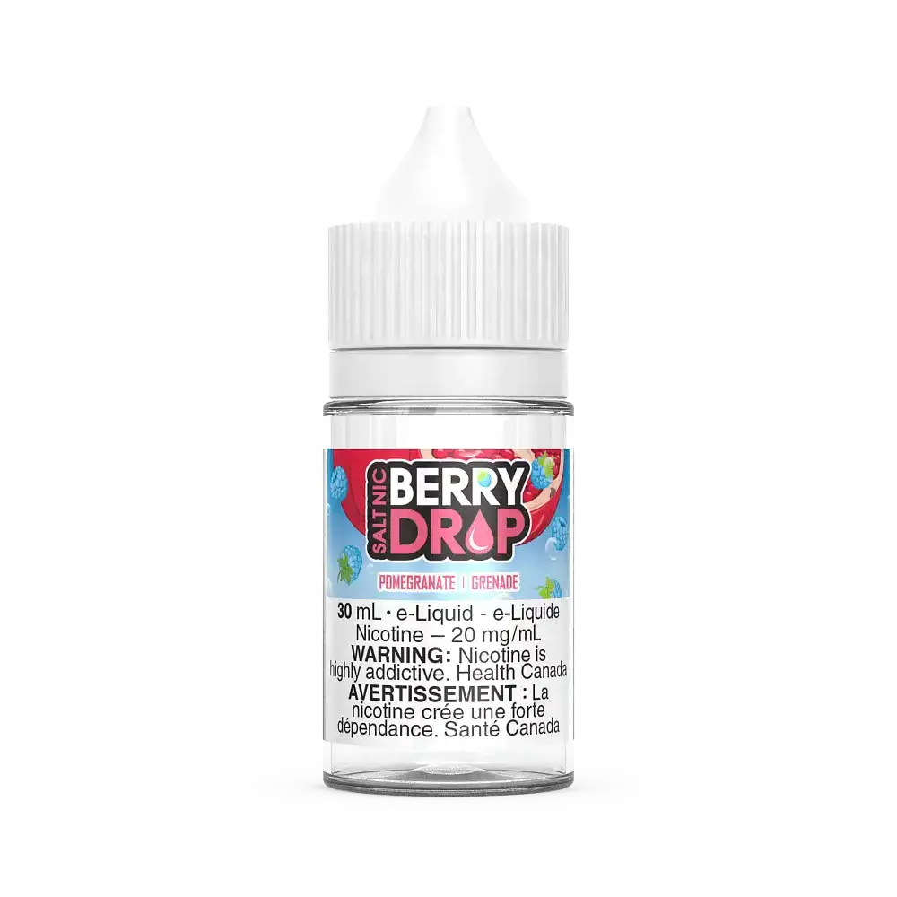 Berry Drop Salt Pomegranate 30mL e-liquid bottle with white cap and label.