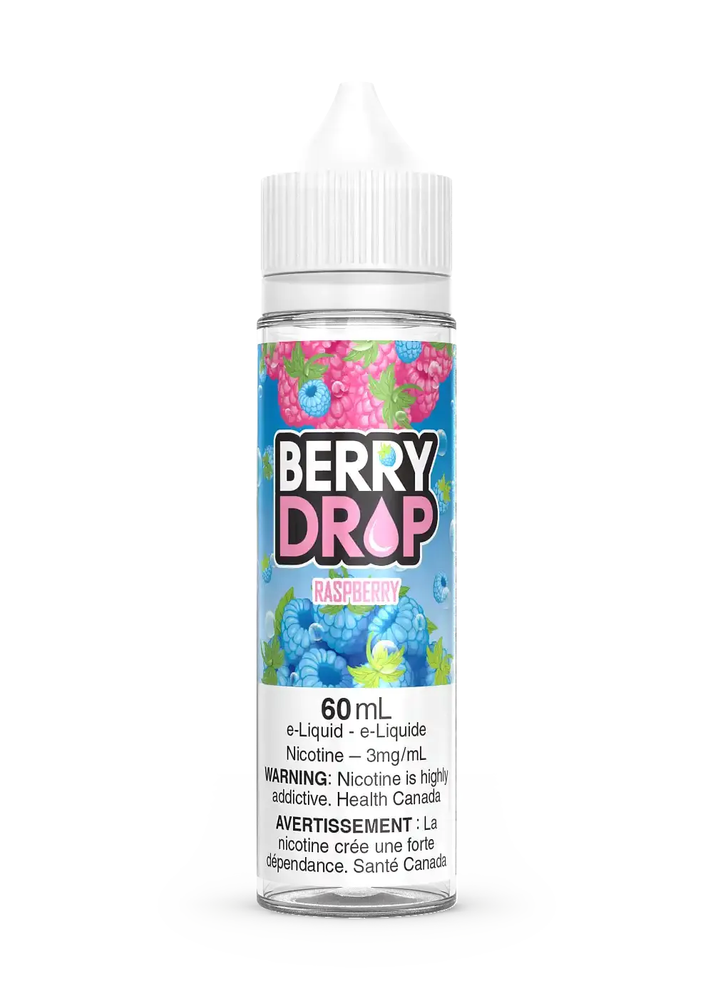 Berry Drop Raspberry 60mL e-liquid bottle with vibrant pink and blue berry label.