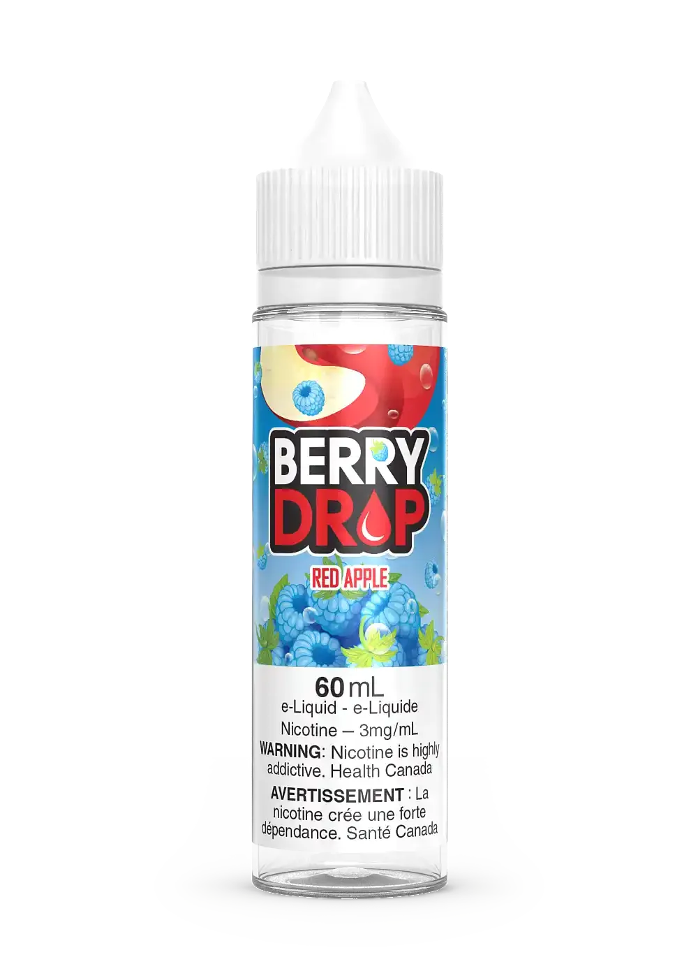 Berry Drop Red Apple 60mL e-liquid bottle with blue berries and red apple graphic.