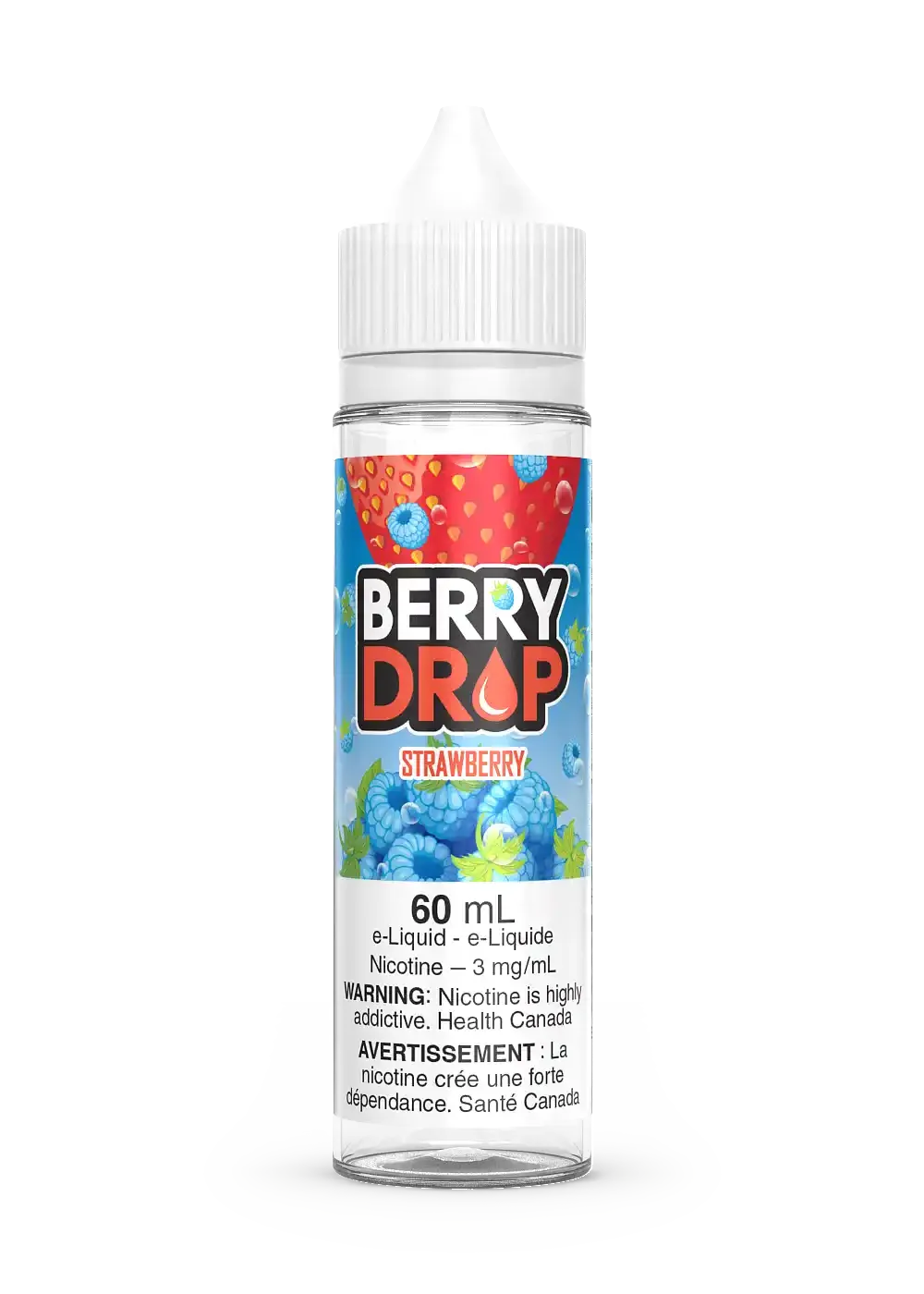 Berry Drop Strawberry 60mL e-liquid bottle with colorful fruit label and white cap.
