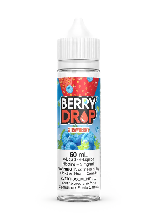 Berry Drop Strawberry 60mL e-liquid bottle with colorful fruit label and white cap.