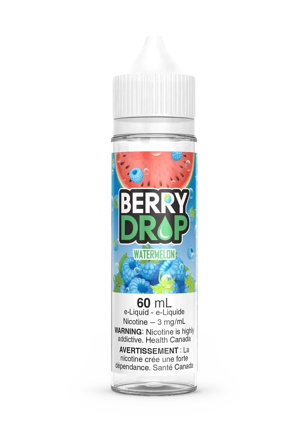 Berry Drop Watermelon 60mL e-liquid bottle with a vibrant watermelon and blueberry design.