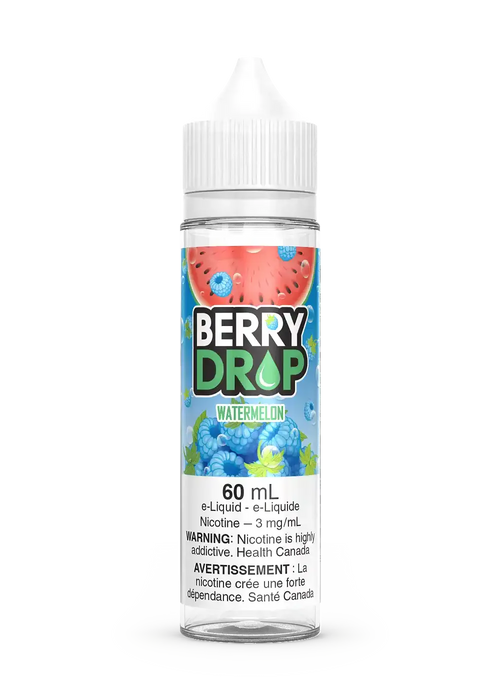 Berry Drop Watermelon 60mL e-liquid bottle with a vibrant watermelon and blueberry design.
