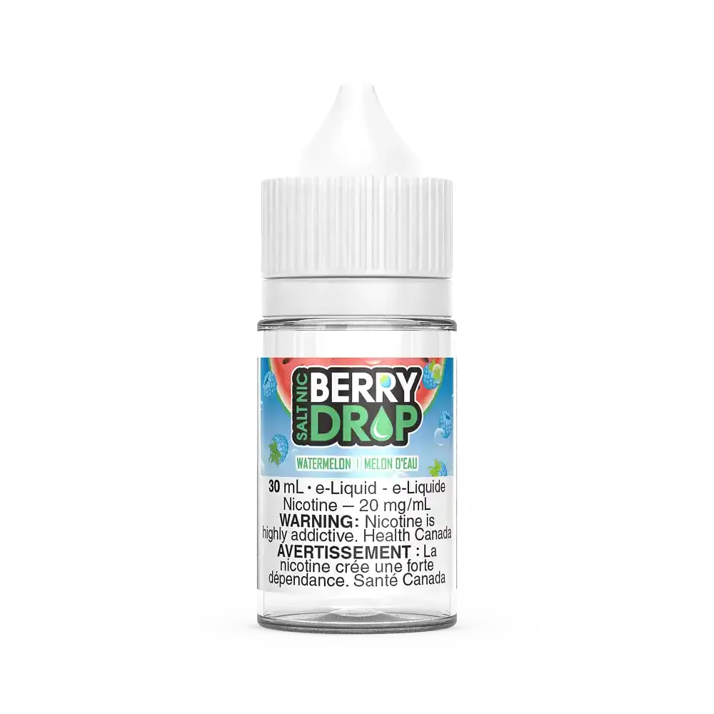 Berry Drop Salt Watermelon 30mL e-liquid bottle with white cap and clear body, featuring a colorful label.