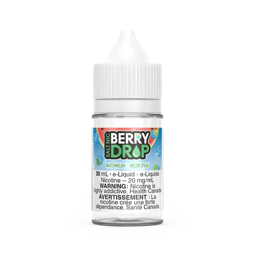 Berry Drop Salt Watermelon 30mL e-liquid bottle with white cap and clear body, featuring a colorful label.