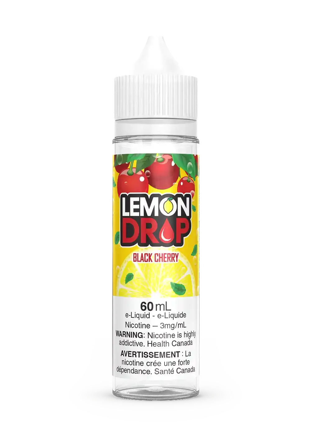 Lemon Drop Black Cherry 60mL e-liquid bottle with yellow label, red cherries, and lemon slice graphic.