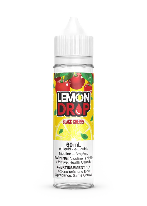 Lemon Drop Black Cherry 60mL e-liquid bottle with yellow label, red cherries, and lemon slice graphic.
