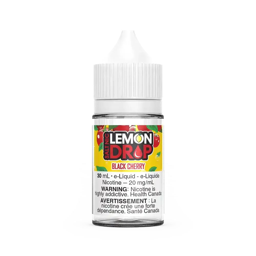 Lemon Drop Salt Black Cherry 30mL e-liquid bottle with white cap and yellow label featuring red cherries.