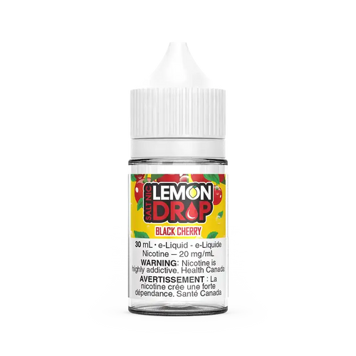 Lemon Drop Salt Black Cherry 30mL e-liquid bottle with white cap and yellow label featuring red cherries.