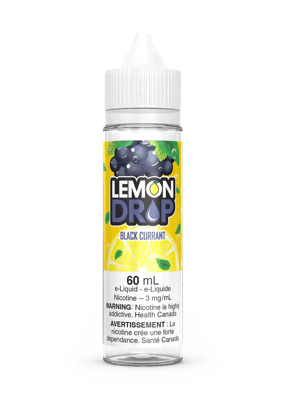 Lemon Drop Black Currant 60mL e-liquid bottle with black currant and lemon graphics.