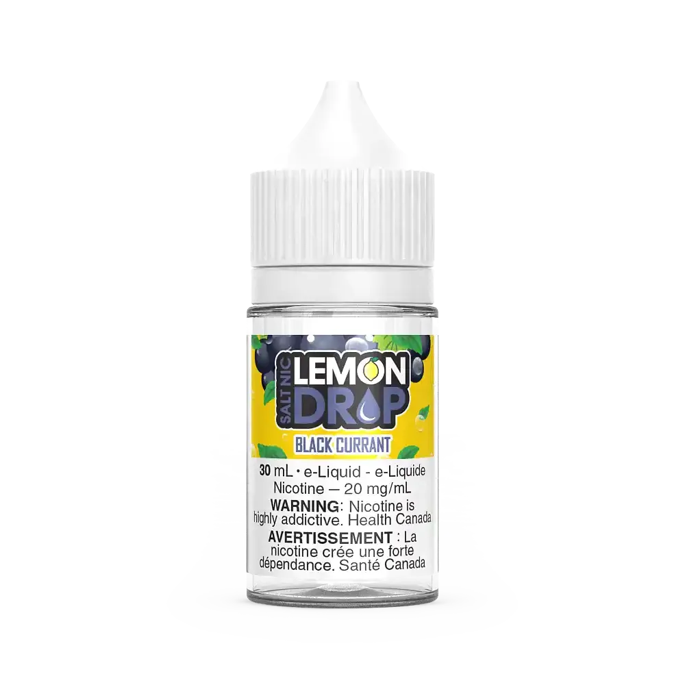 Lemon Drop Salt Black Currant 30mL e-liquid bottle with white cap and black currant graphic.