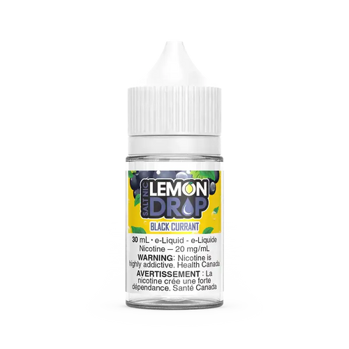 Lemon Drop Salt Black Currant 30mL e-liquid bottle with white cap and black currant graphic.
