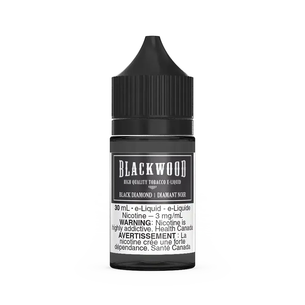 Blackwood Black Diamond 30mL e-liquid bottle with black cap and label, featuring "High Quality Tobacco E-Liquid.
