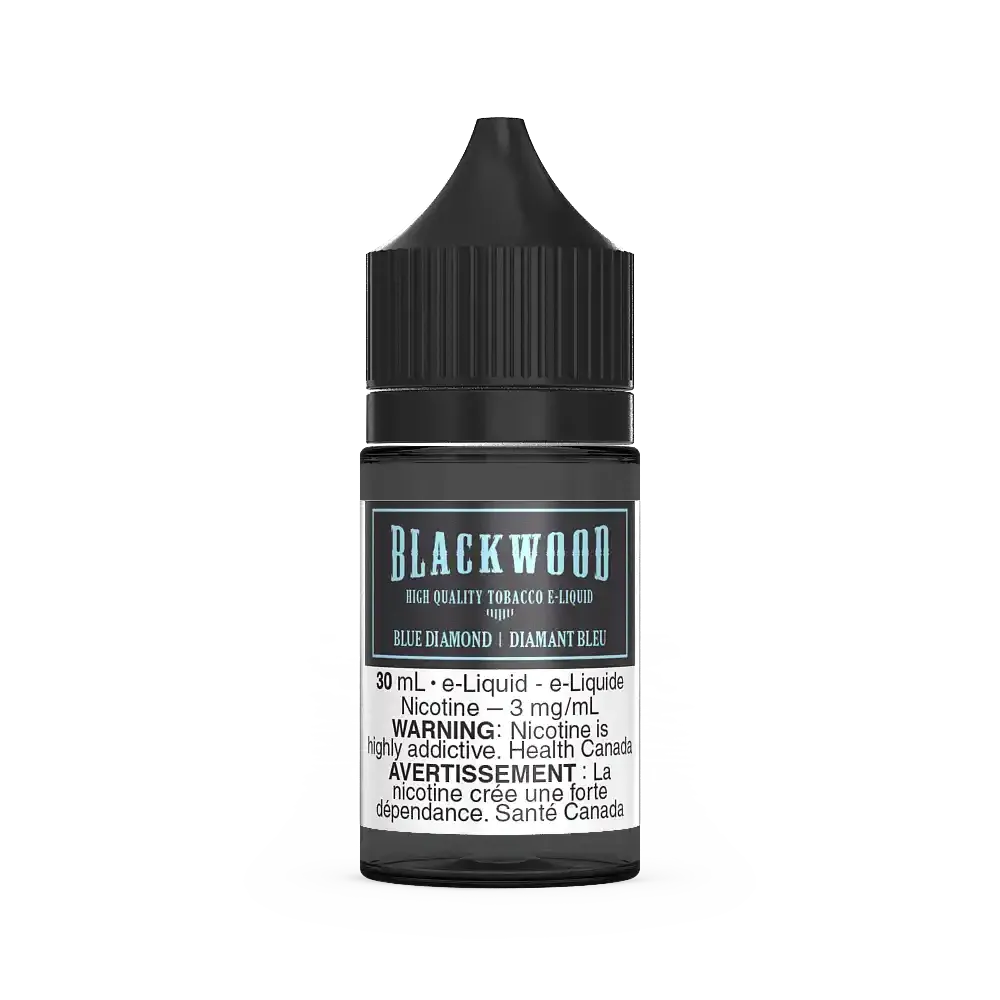 Blackwood Blue Diamond 30mL e-liquid bottle with black cap and label, featuring "Diamant Bleu" text.