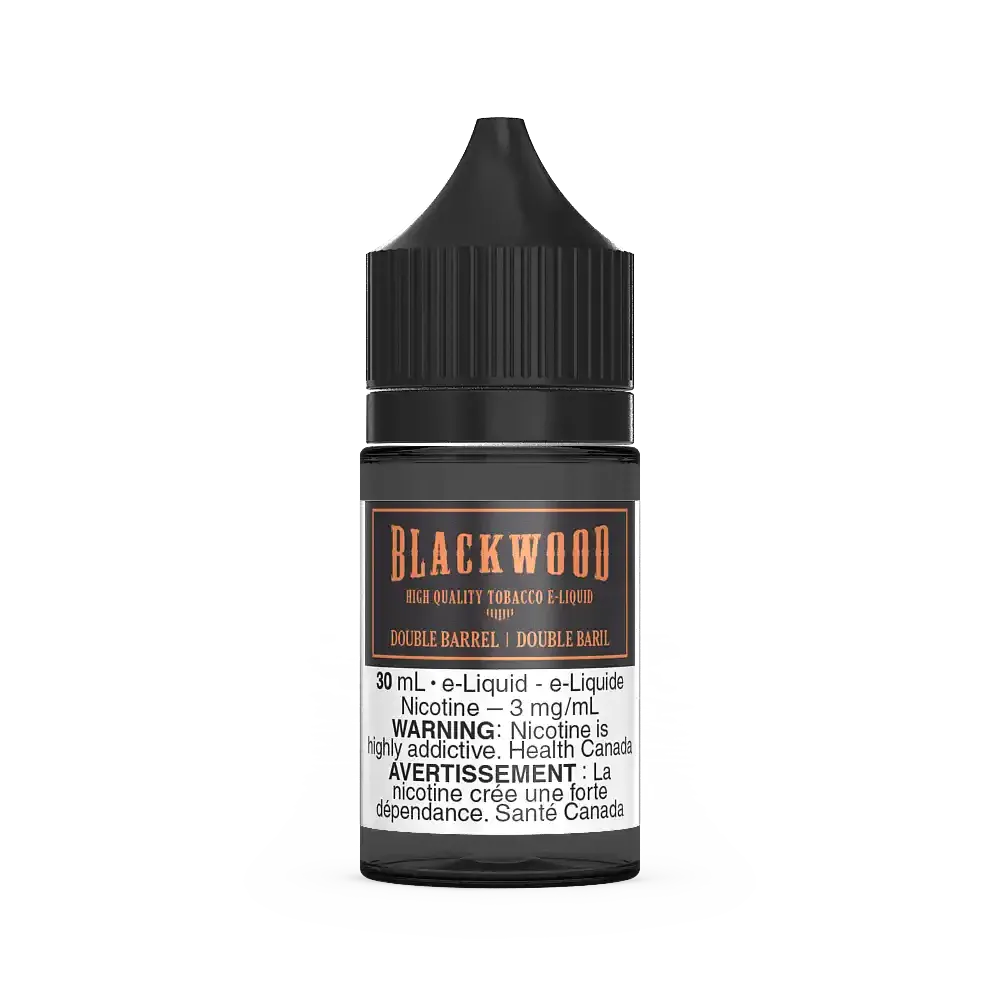 Blackwood Double Barrel 30mL e-liquid bottle with black cap and label, featuring "High Quality Tobacco E-Liquid".