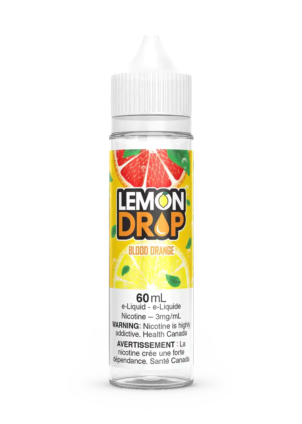60mL Lemon Drop Blood Orange e-liquid bottle with white cap, featuring sliced blood oranges and lemons on the label.