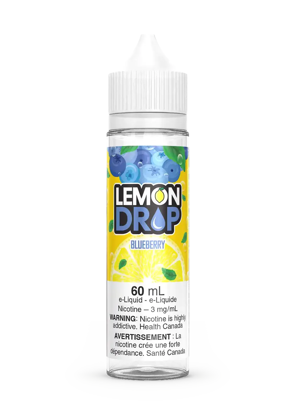 60mL Lemon Drop Blueberry e-liquid bottle with white cap, clear body, and yellow/blue label.