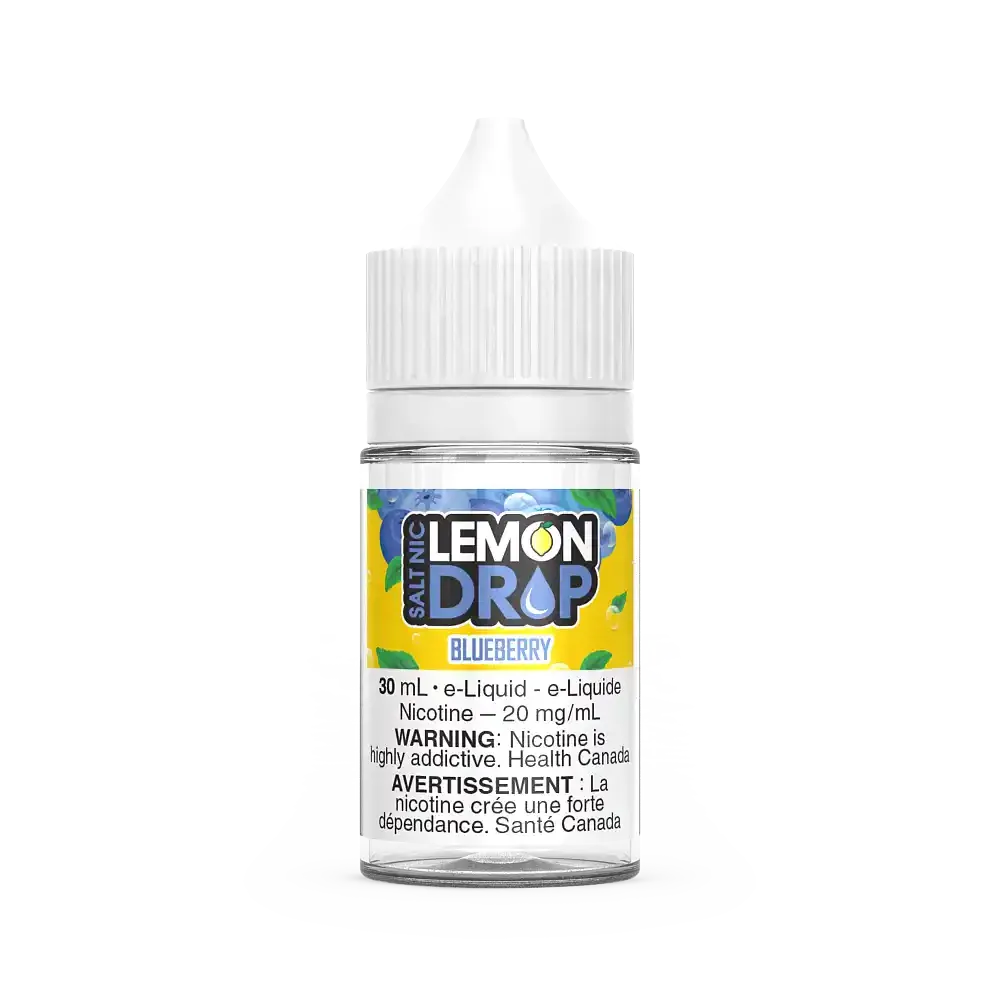 Lemon Drop Salt Blueberry 30mL e-liquid bottle with white cap and label featuring blueberries.