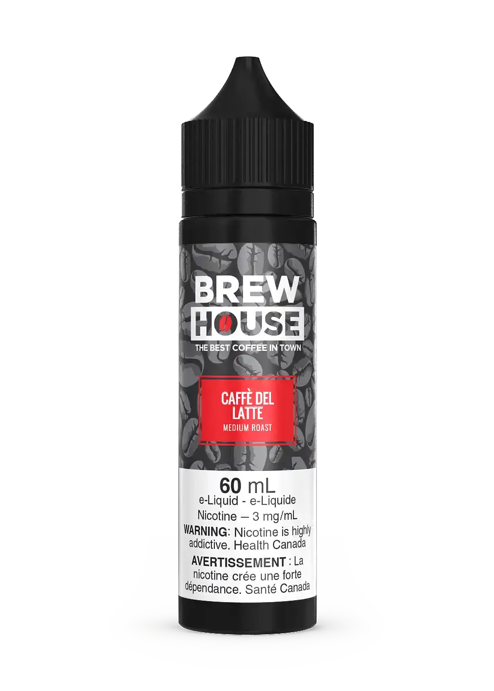 Black 60mL Brew House Caffe Del Latte e-liquid bottle with coffee bean background and red label.