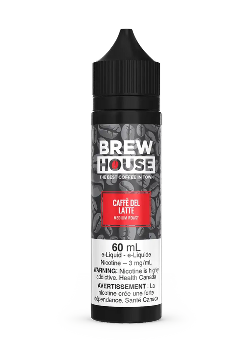 Black 60mL Brew House Caffe Del Latte e-liquid bottle with coffee bean background and red label.