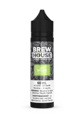 Brew House Latte Bruciato 60mL e-liquid bottle with black cap, coffee bean background, and green label.