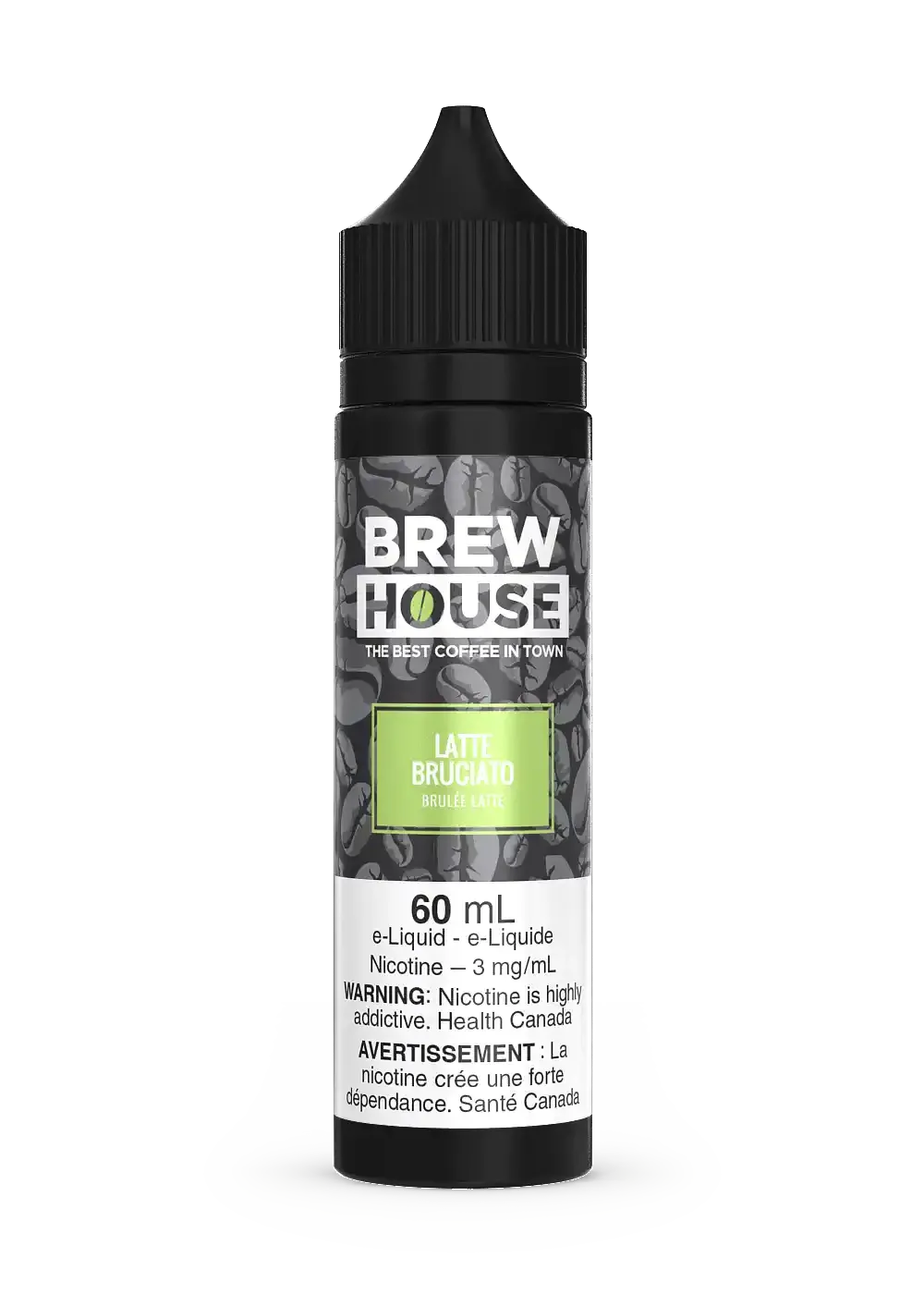 Brew House Latte Bruciato 60mL e-liquid bottle with black cap, coffee bean background, and green label.
