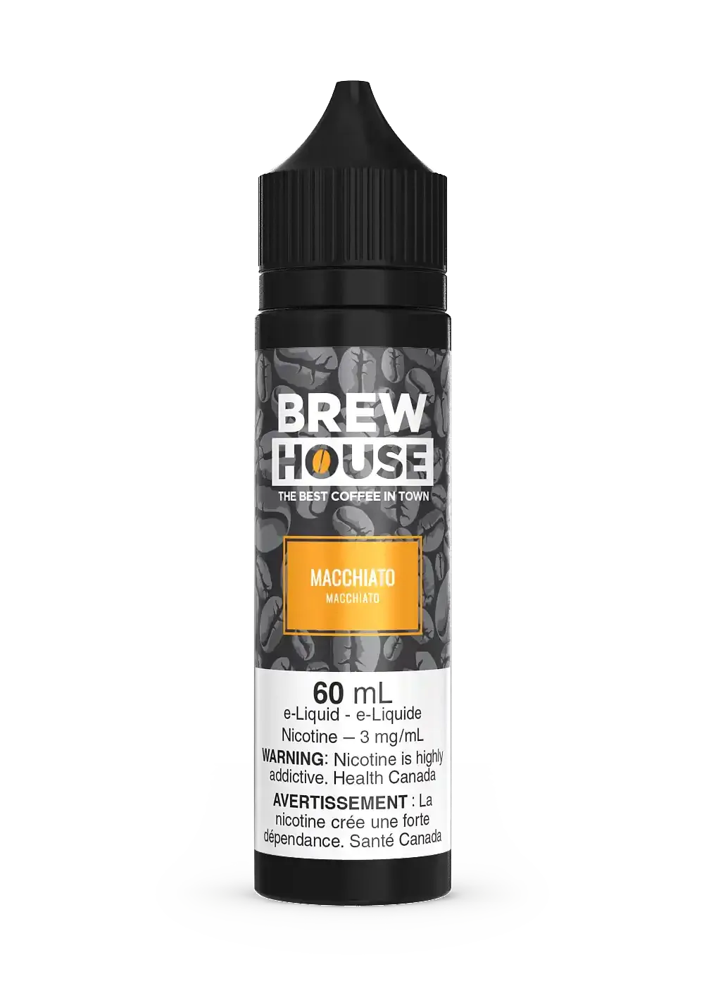 Brew House Macchiato 60mL e-liquid bottle with coffee bean design and orange label.
