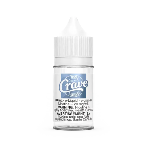 Crave Salt Hazel 30mL e-liquid bottle with white cap and blue "Crave" logo, showing "Noisette" and warning labels.