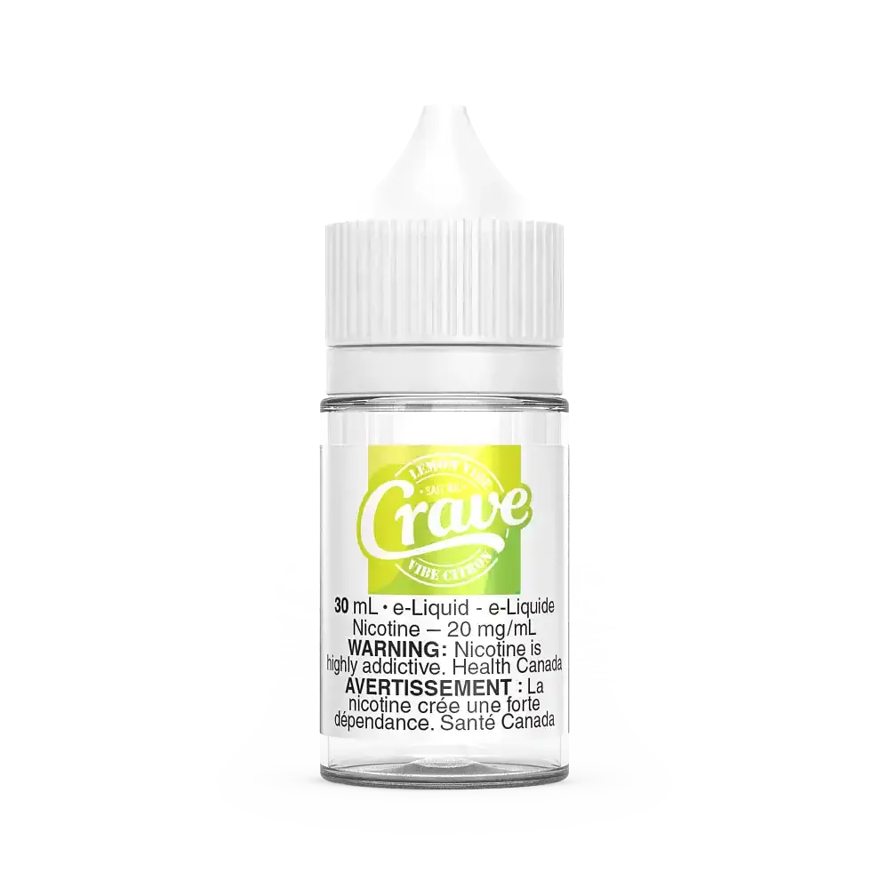 30mL Crave Salt Lemon Vibe e-liquid bottle with a white cap and a bright yellow label.