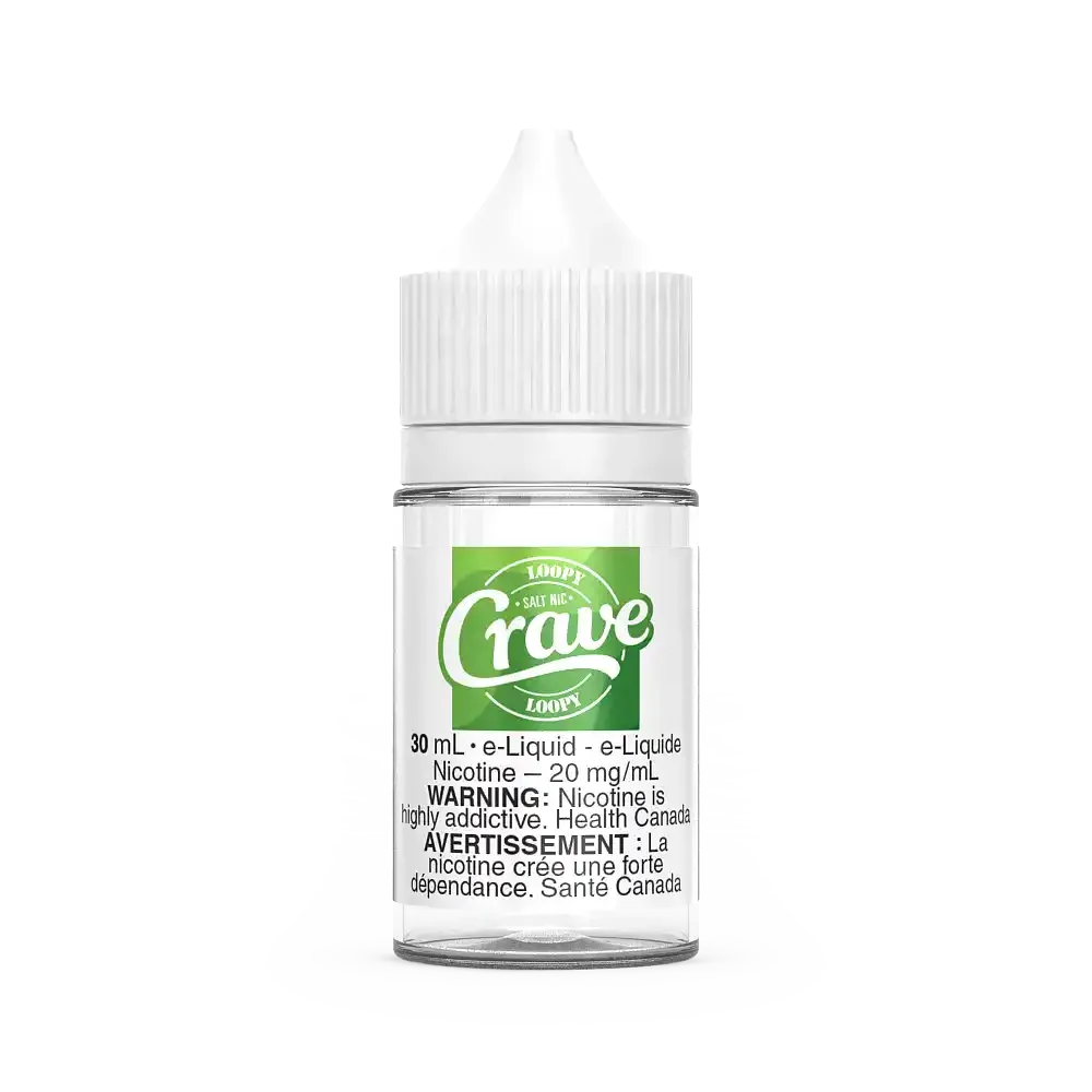 Clear 30mL Crave Salt Loopy e-liquid bottle with white cap and green "Crave" logo.