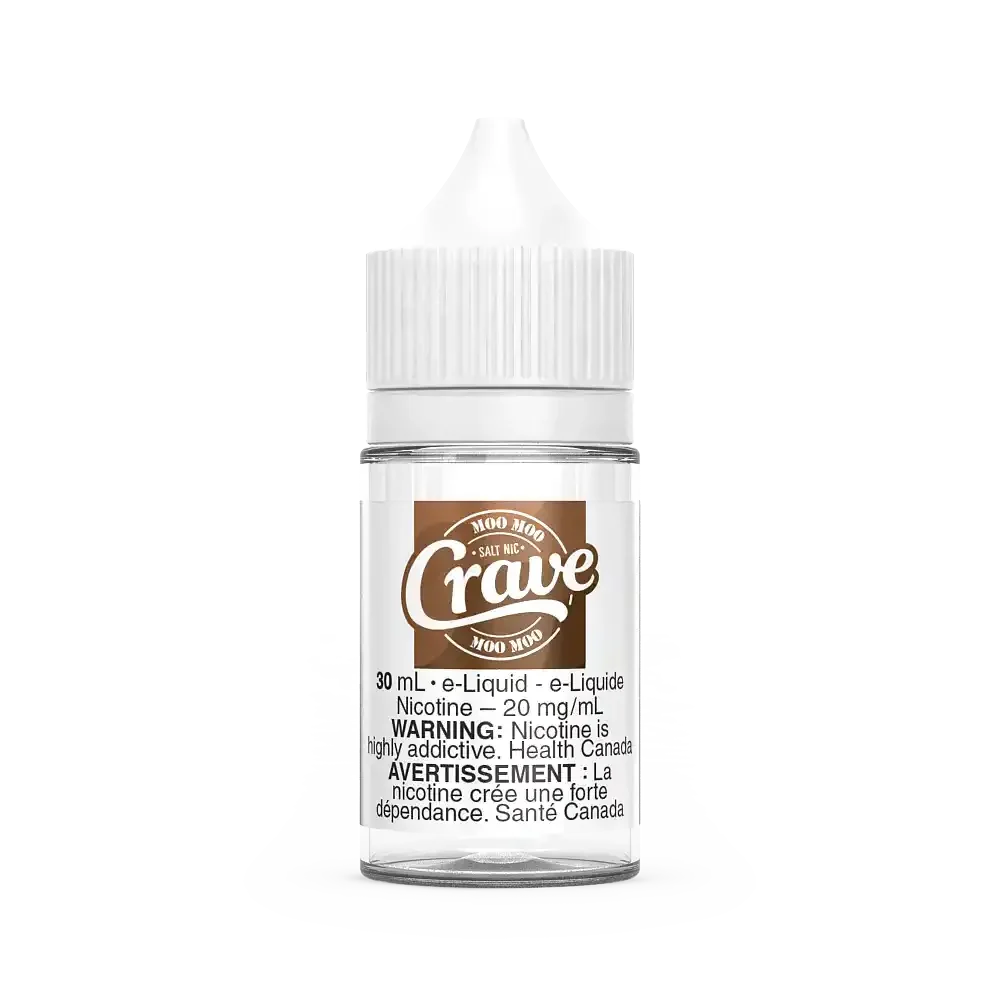 Crave Salt Moo Moo 30mL e-liquid bottle with white cap and brown label, 20 mg/mL nicotine.