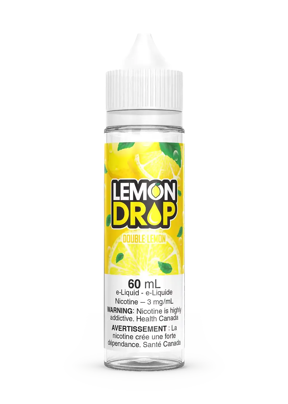 Lemon Drop Double Lemon 60mL e-liquid bottle with yellow label featuring sliced lemons and green leaves.