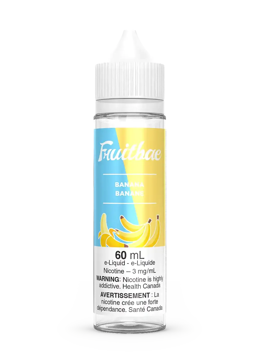 Fruitbae Banana 60mL e-liquid bottle with a white cap, yellow and blue label, and banana illustration.