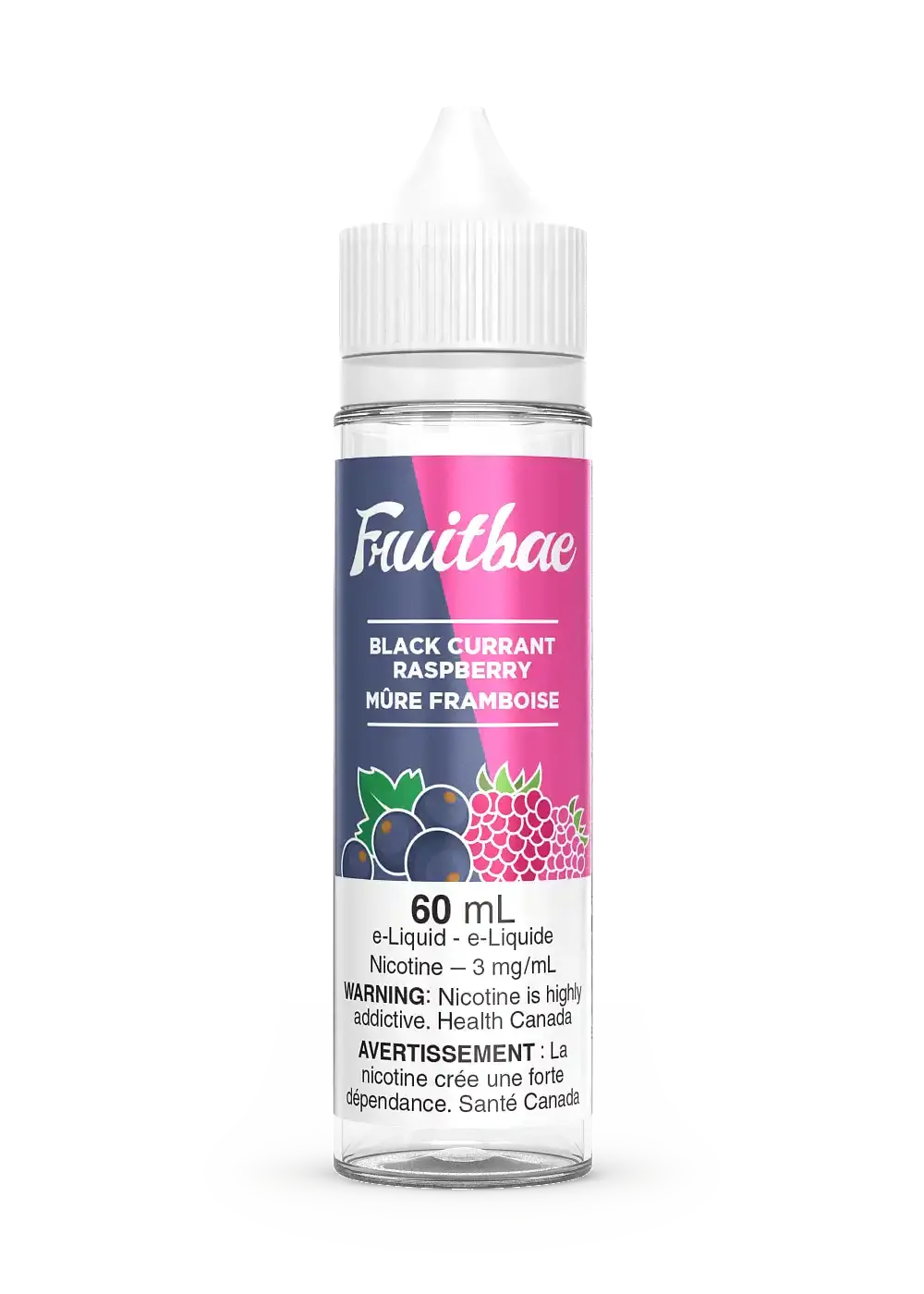 Fruitbae Blackcurrant Raspberry 60mL e-liquid bottle with pink and blue label, fruit graphics.