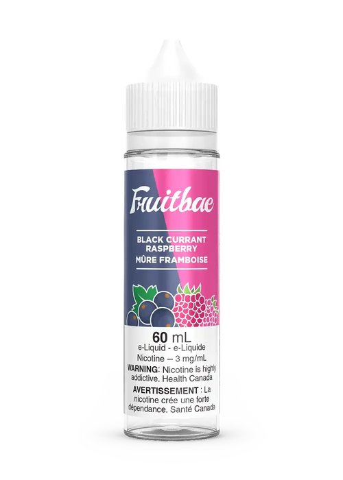 Fruitbae Blackcurrant Raspberry 60mL e-liquid bottle with pink and blue label, fruit graphics.