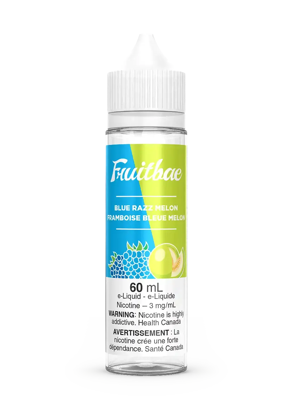 Fruitbae Blue Razz Melon 60mL e-liquid bottle with blue and yellow label, showing blueberries and melon.