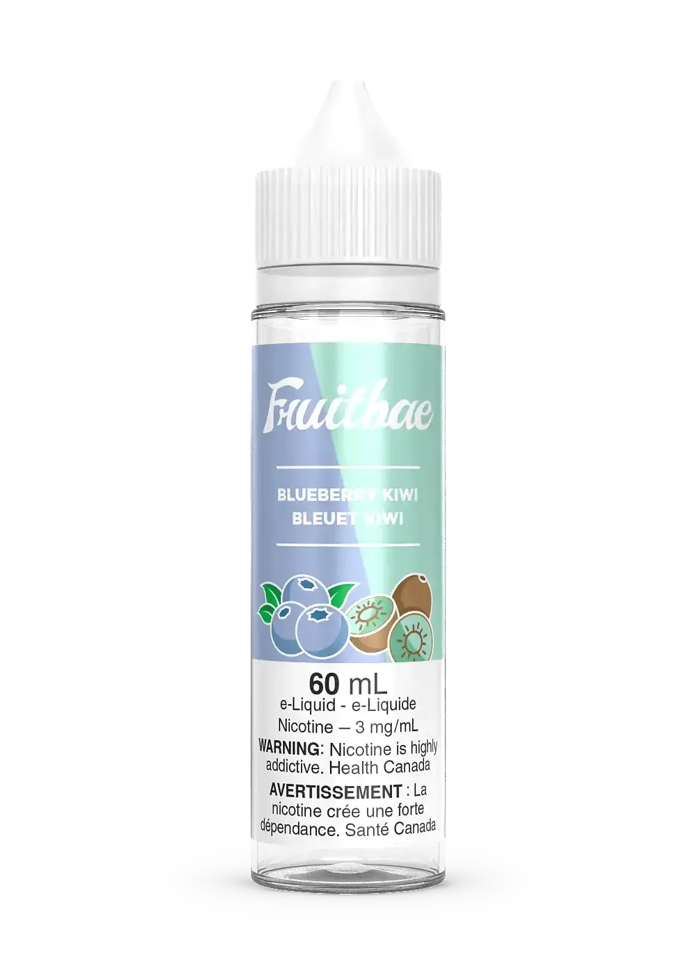 Fruitbae Blueberry Kiwi 60mL e-liquid bottle with white cap, blue and green label, and fruit illustrations.