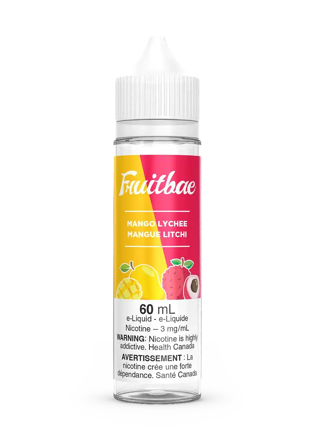 Fruitbae Mango Lychee 60mL e-liquid bottle with a white cap and vibrant fruit label.