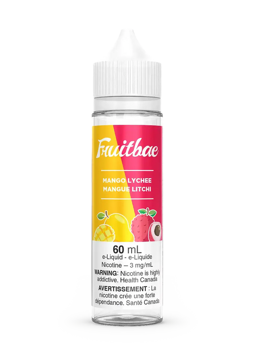 Fruitbae Mango Lychee 60mL e-liquid bottle with a white cap and vibrant fruit label.