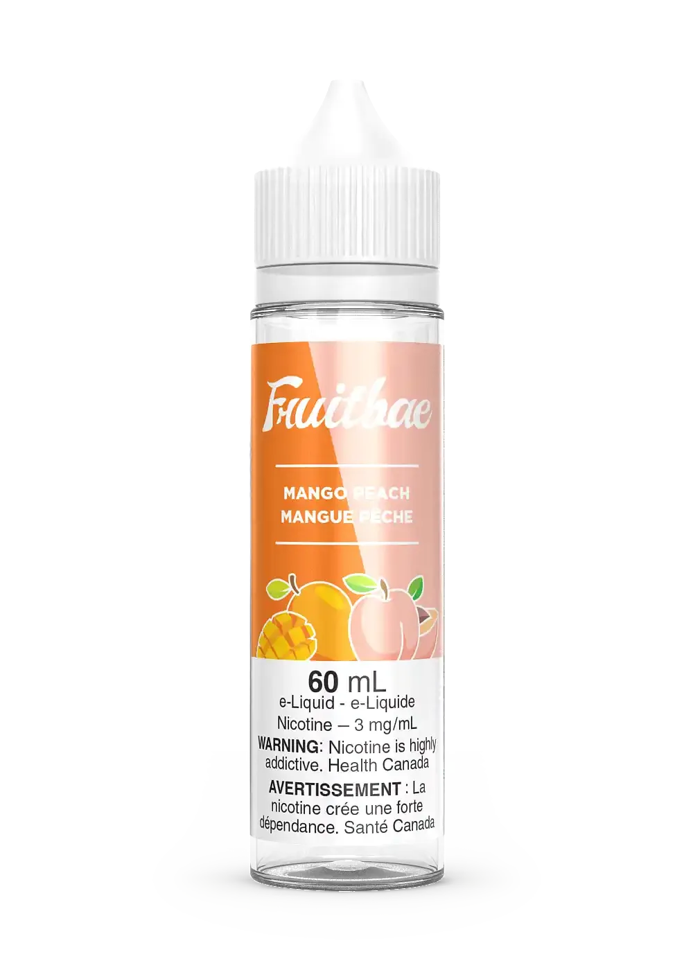 Fruitbae Mango Peach 60mL e-liquid bottle with white cap and label featuring mango and peach illustrations.