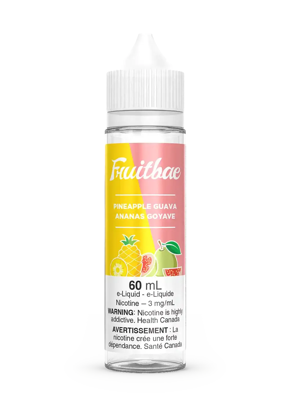 Fruitbae Pineapple Guava 60mL e-liquid bottle with pink and yellow label, fruit graphics.