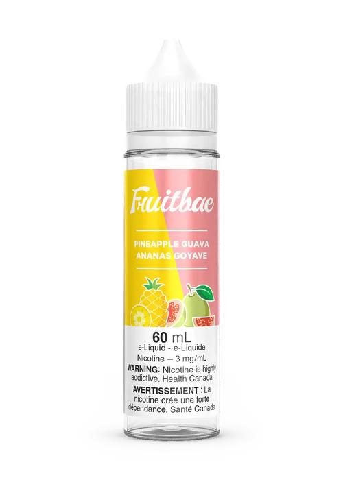 Fruitbae Pineapple Guava 60mL e-liquid bottle with pink and yellow label, fruit graphics.