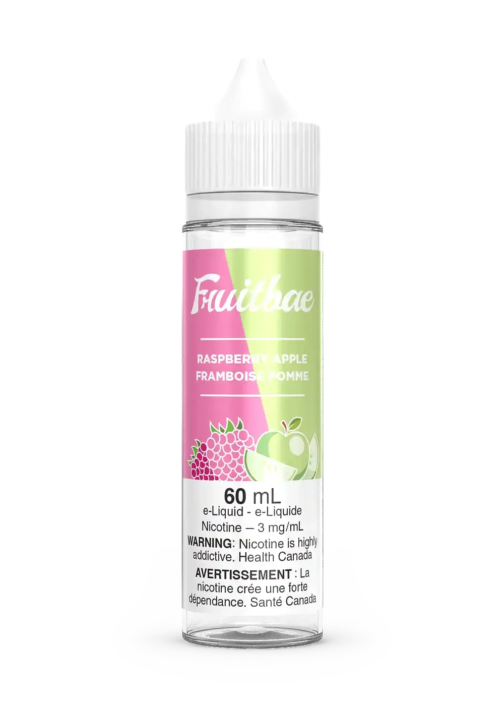 Fruitbae Raspberry Apple 60mL e-liquid bottle with pink and green label, featuring raspberry and apple graphics.