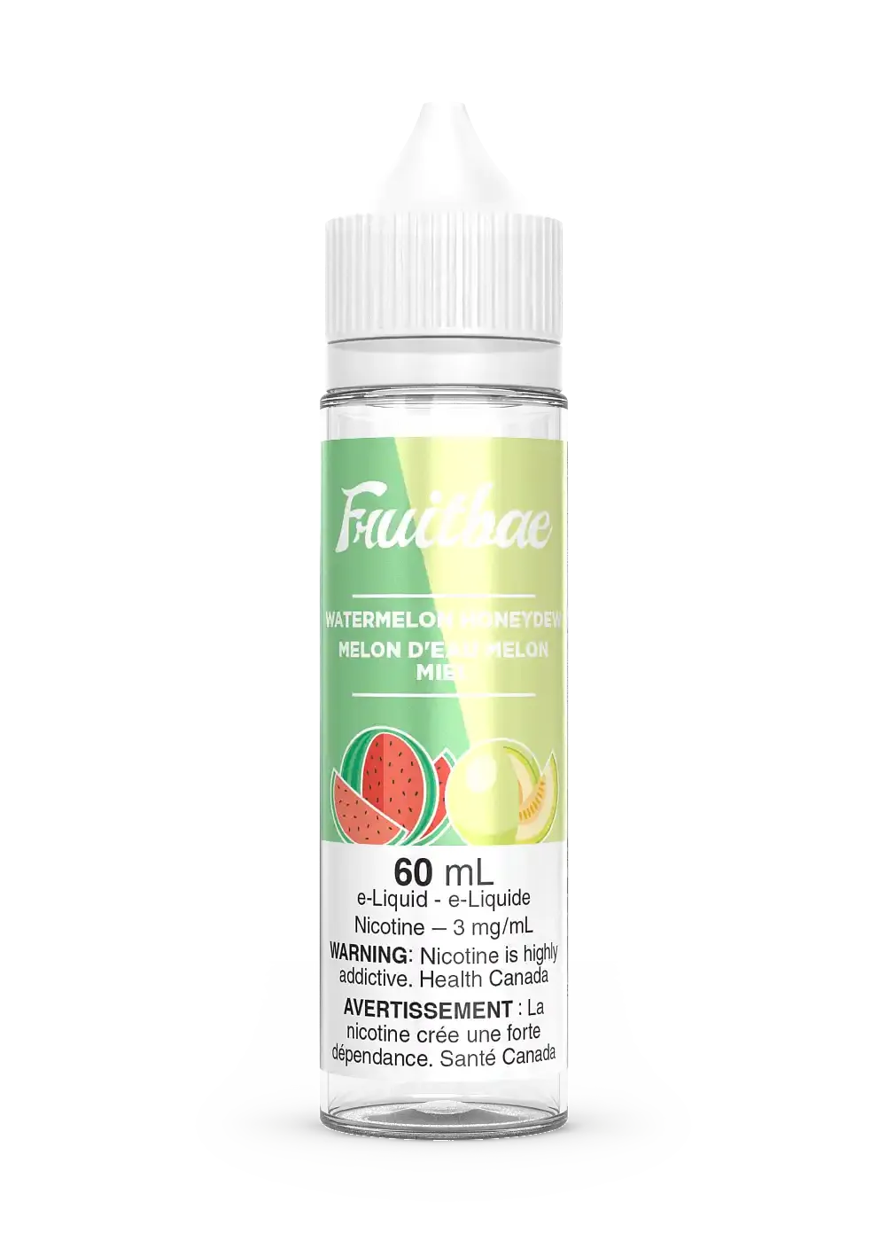 Fruitbae Watermelon Honeydew 60mL e-liquid bottle with green and red melon graphics.