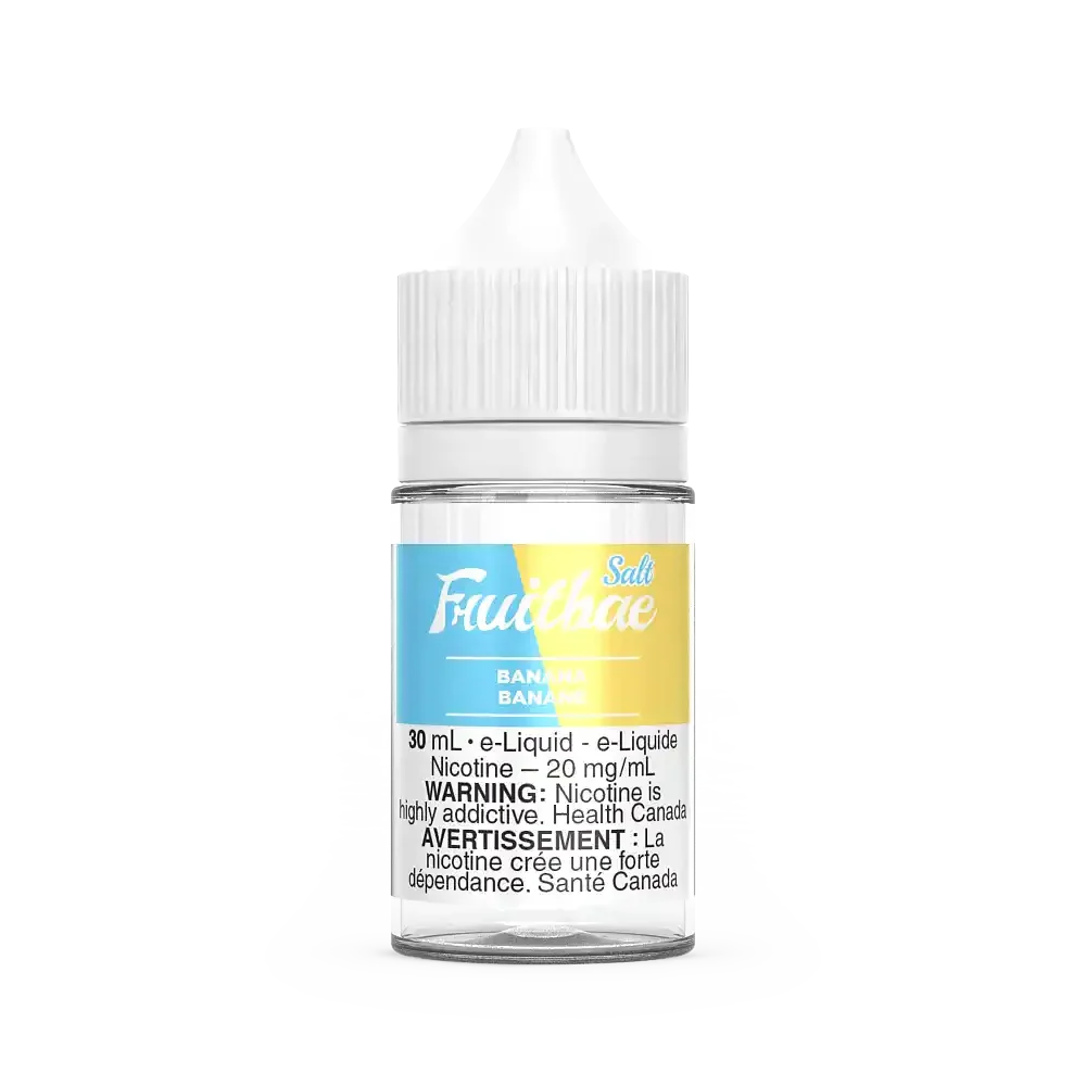 30mL clear glass bottle of Fruitbae Salt Banana e-liquid with a white child-resistant cap.