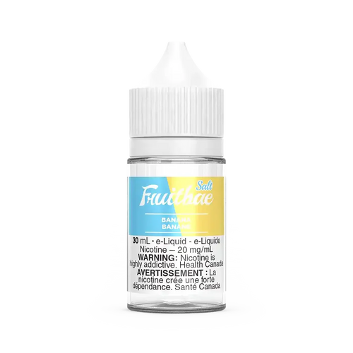 30mL clear glass bottle of Fruitbae Salt Banana e-liquid with a white child-resistant cap.