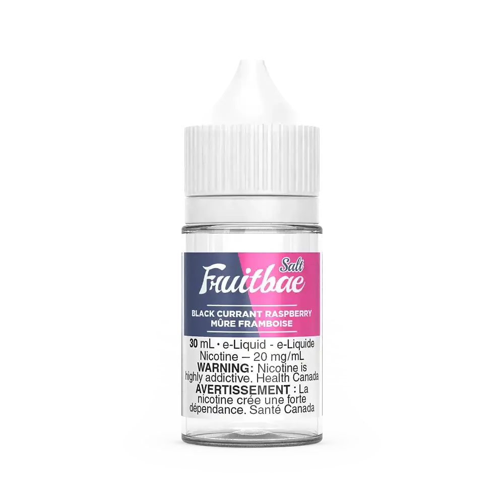 30mL Fruitbae Salt Black Currant Raspberry e-liquid bottle with white cap and clear label.