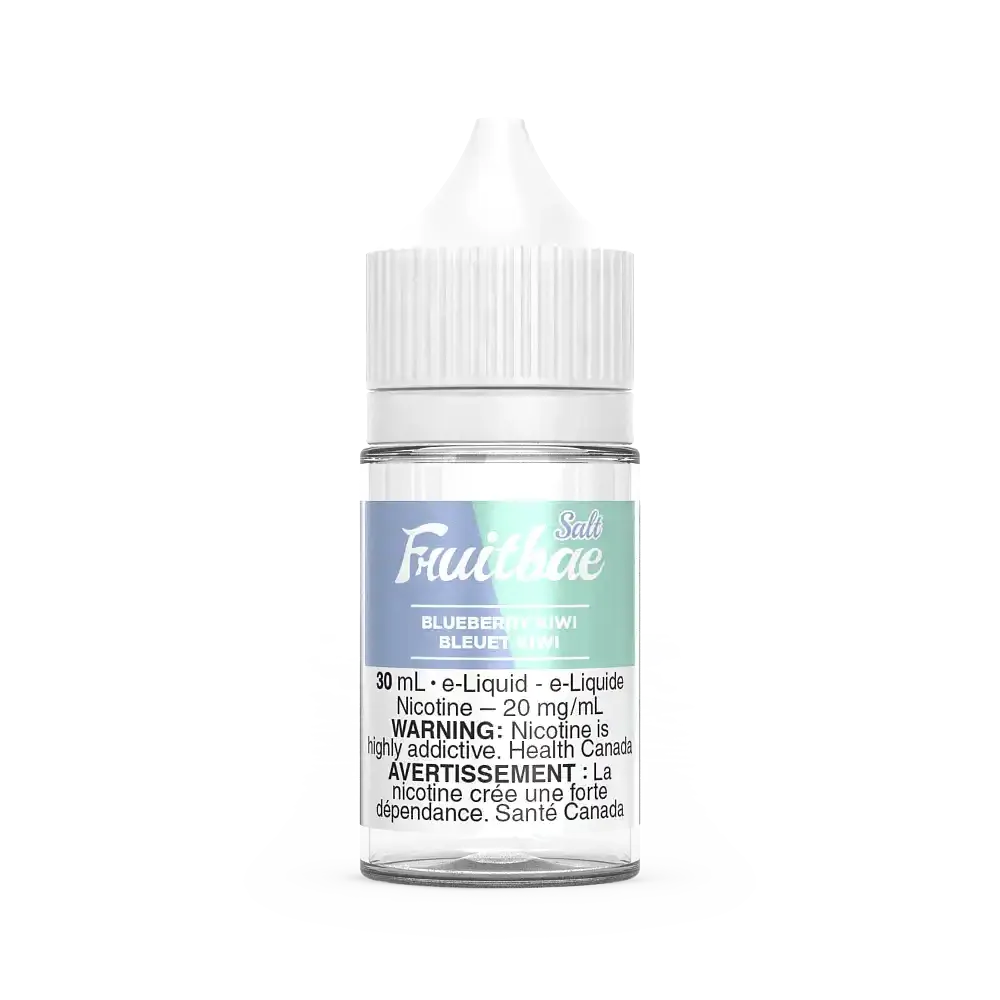 Fruitbae Salt Blueberry Kiwi 30mL e-liquid bottle with white cap and label, featuring blue and green text.