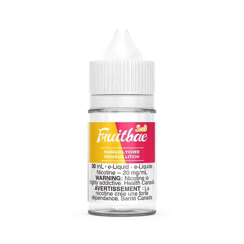 Fruitbae Salt Mango Lychee 30mL e-liquid bottle with white cap and yellow-pink label.